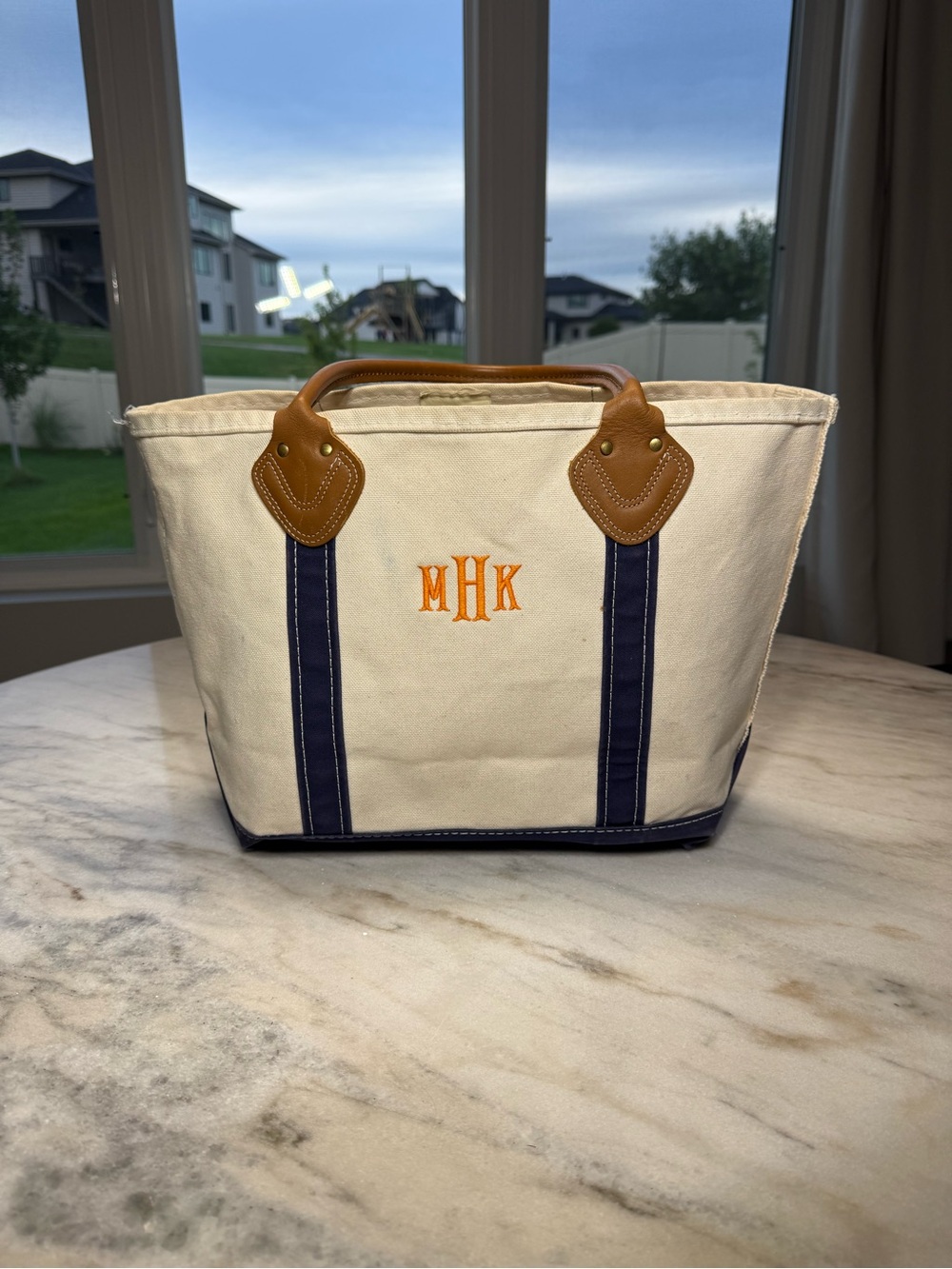 LL Bean Medium Blue Tote Leather Handles Vintage